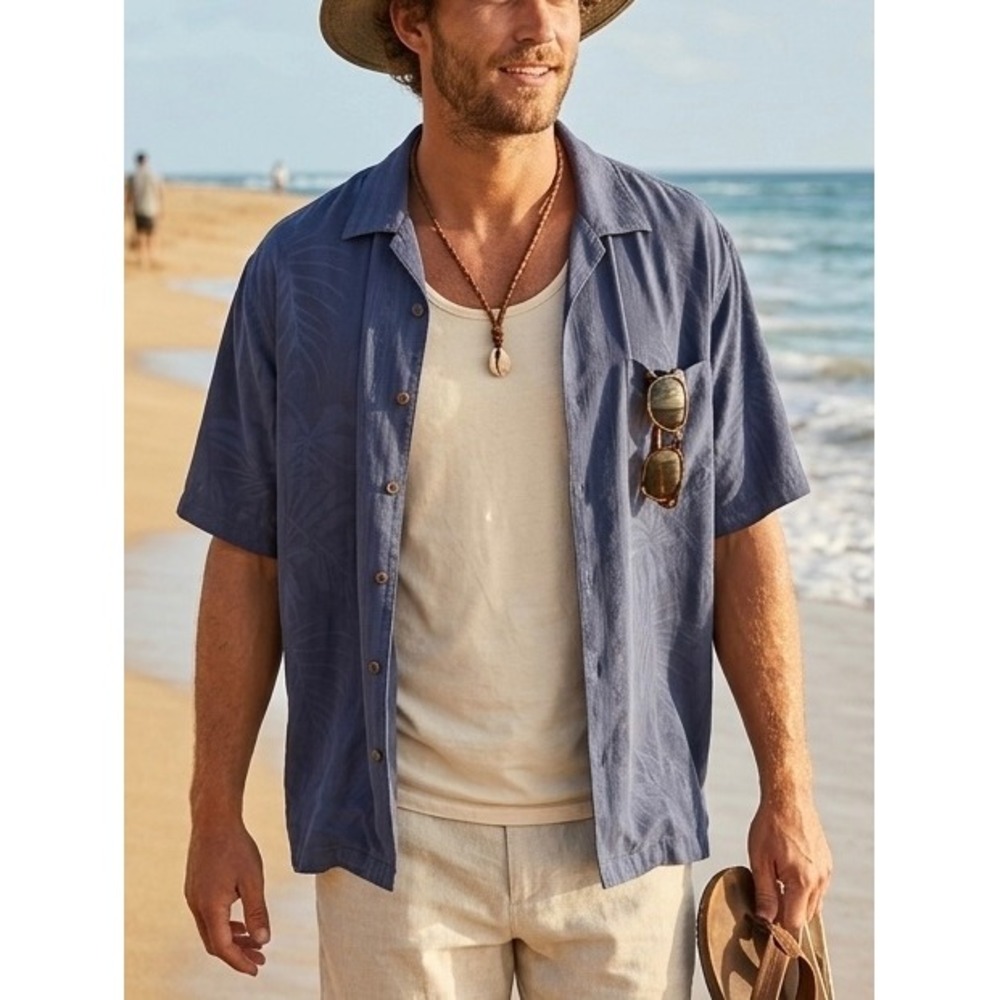 Tommy Bahama Mens XXL Blue 100% Silk Jacquard Tropical Camp Shirt Short Sleeve